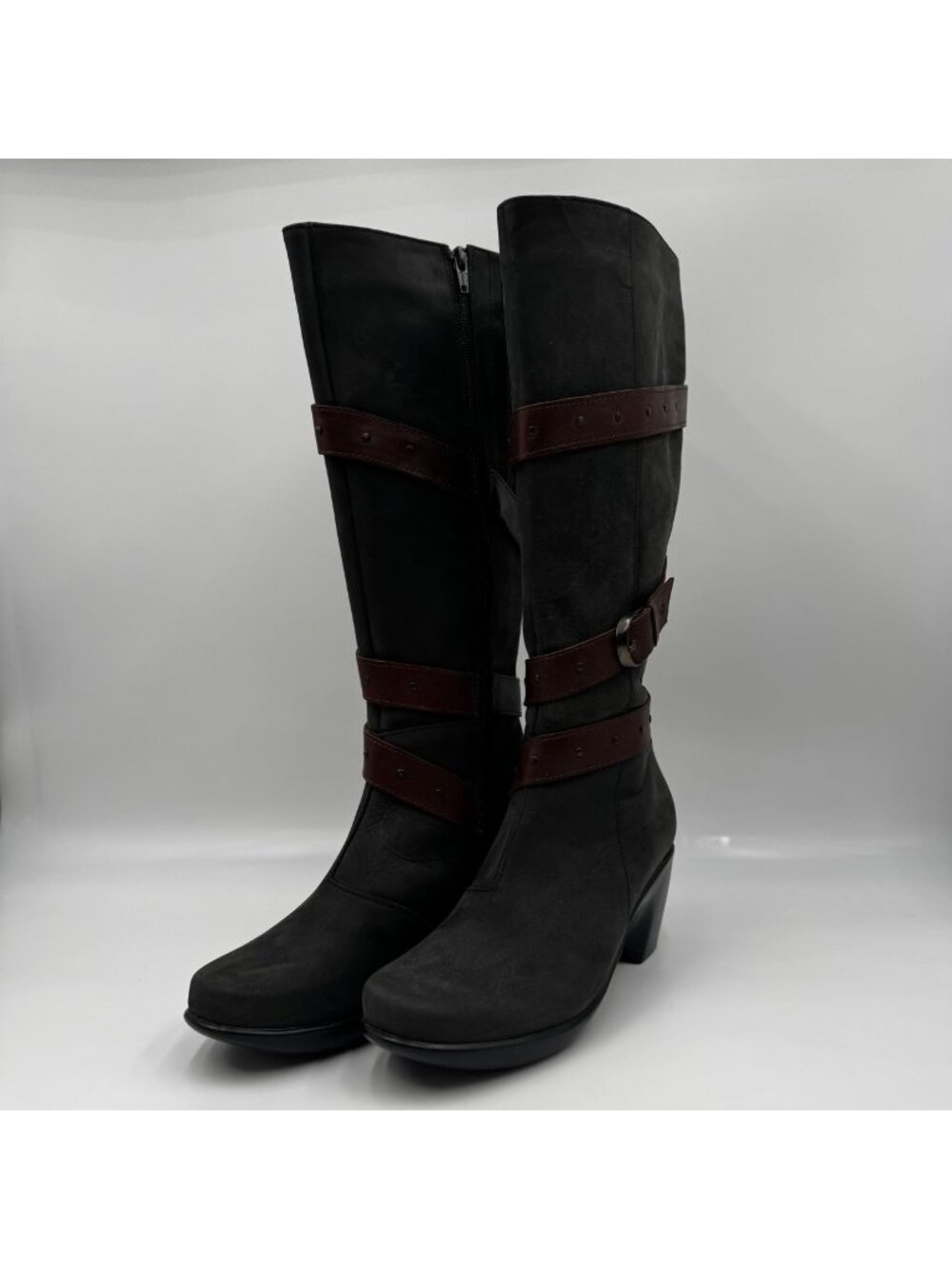 Naot Professional Womens Leather Tall Riding Boots Black w/Brown Straps Size 7
